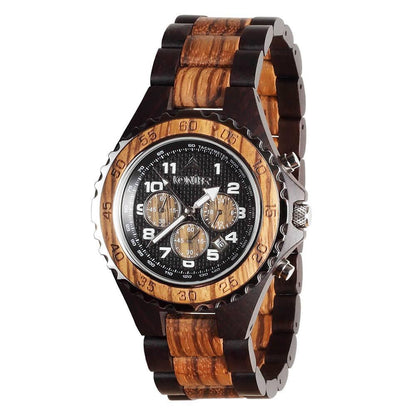 Montre en bois noir et zebre a cadran rond. Vue de profil