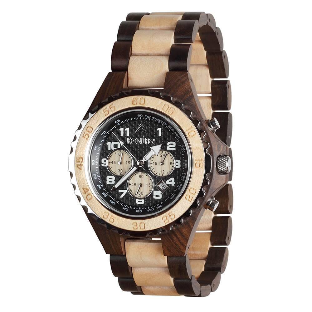 Montre en bois marron et beige a cadran rond. Vue de profil