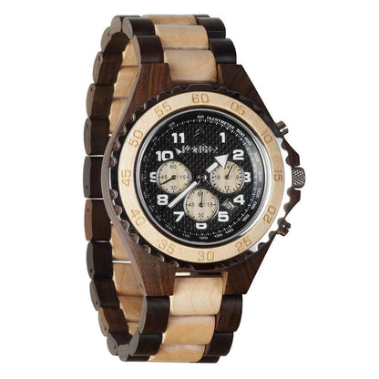 Montre en bois marron et beige a cadran rond. Vue de face