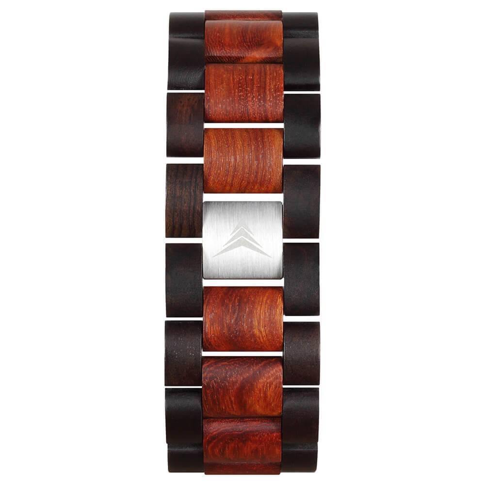 Montre en bois noir et rouge zebre a cadran rond. Vue du bracelet