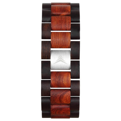 Montre en bois noir et rouge zebre a cadran rond. Vue du bracelet