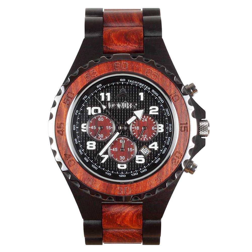 Montre en bois noir et rouge zebre a cadran rond. Vue du cadran