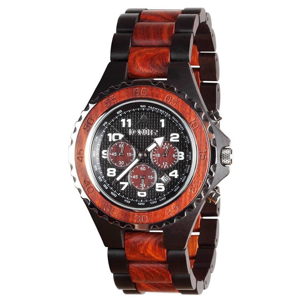 Montre en bois noir et rouge zebre a cadran rond. Vue de profil