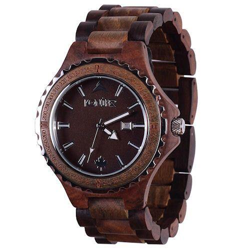 Montre en bois marron fonce a cadran rond. Vue de profil