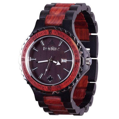 Montre en bois noir et rouge zebre a cadran rond. Vue de profil