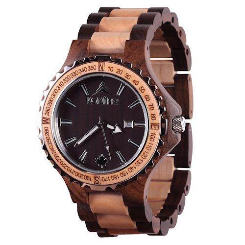 Montre en bois marron et beige a cadran rond. Vue de profil